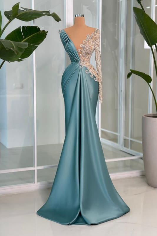 Elegant One-Shoulder Deep V-Neck Appliques Lace Satin Prom Dress for Women