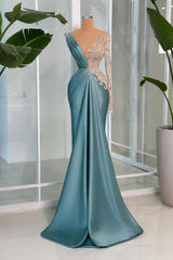 Elegant One-Shoulder Deep V-Neck Appliques Lace Satin Prom Dress for Women