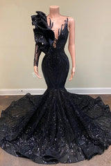Black Asymmetric One-Shoulder Sequin Mermaid Long Formal Prom Dress