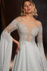 Elegant Chiffon Beaded Appliques Lace A-Line Long Sleeves Prom Dress