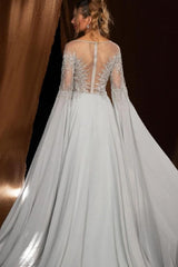 Elegant Chiffon Beaded Appliques Lace A-Line Long Sleeves Prom Dress