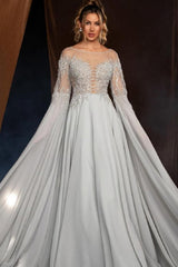 Elegant Chiffon Beaded Appliques Lace A-Line Long Sleeves Prom Dress
