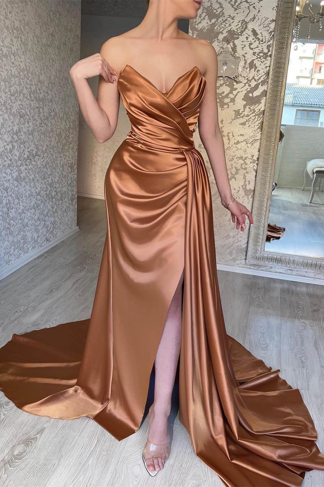 Chocolate Delight Sleeveless Mermaid Prom Dress with Ruffle Split Sweetheart Neckline