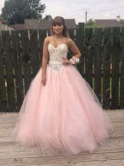 Sweetheart Backless Pink Tulle Beaded A-Line Prom Gown