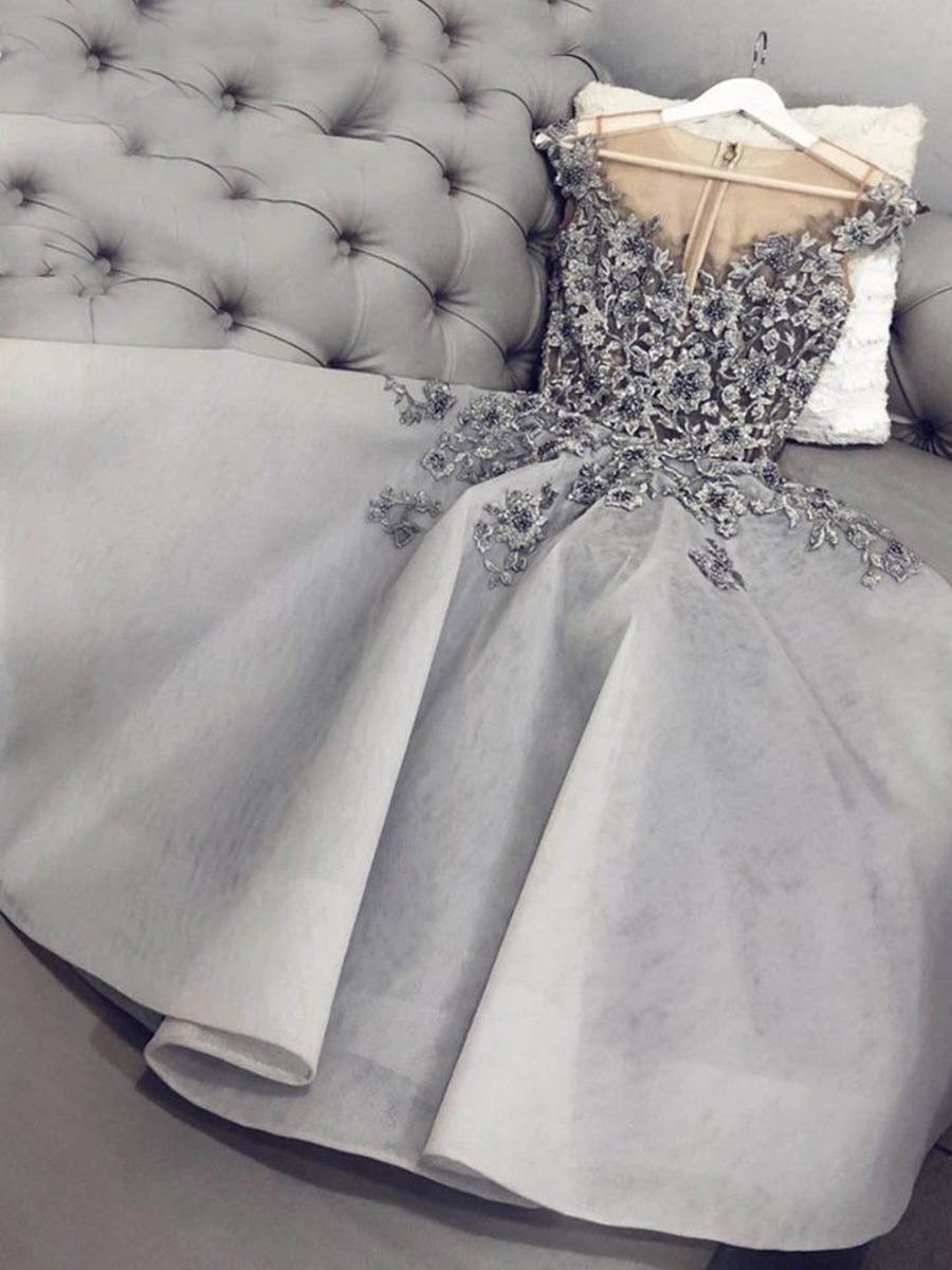 Elegant Gray Floral Lace A-Line Round Neck Short Prom Homecoming Dress