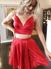Cute A-Line V-Neck Two-Piece Red Short Prom Homecoming Evening Dress