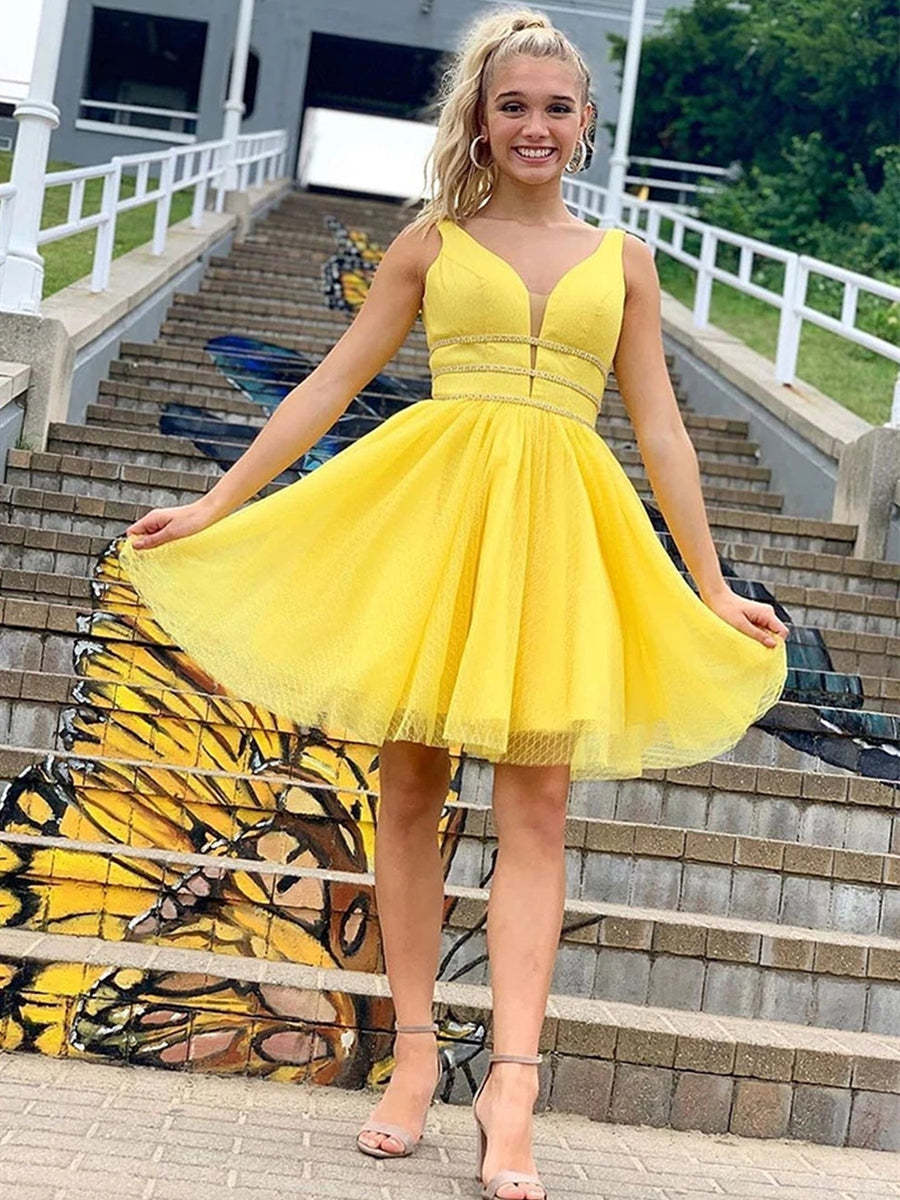 Cute A-Line V-Neck Yellow Homecoming Dress with Thin Belt Graduation Evening