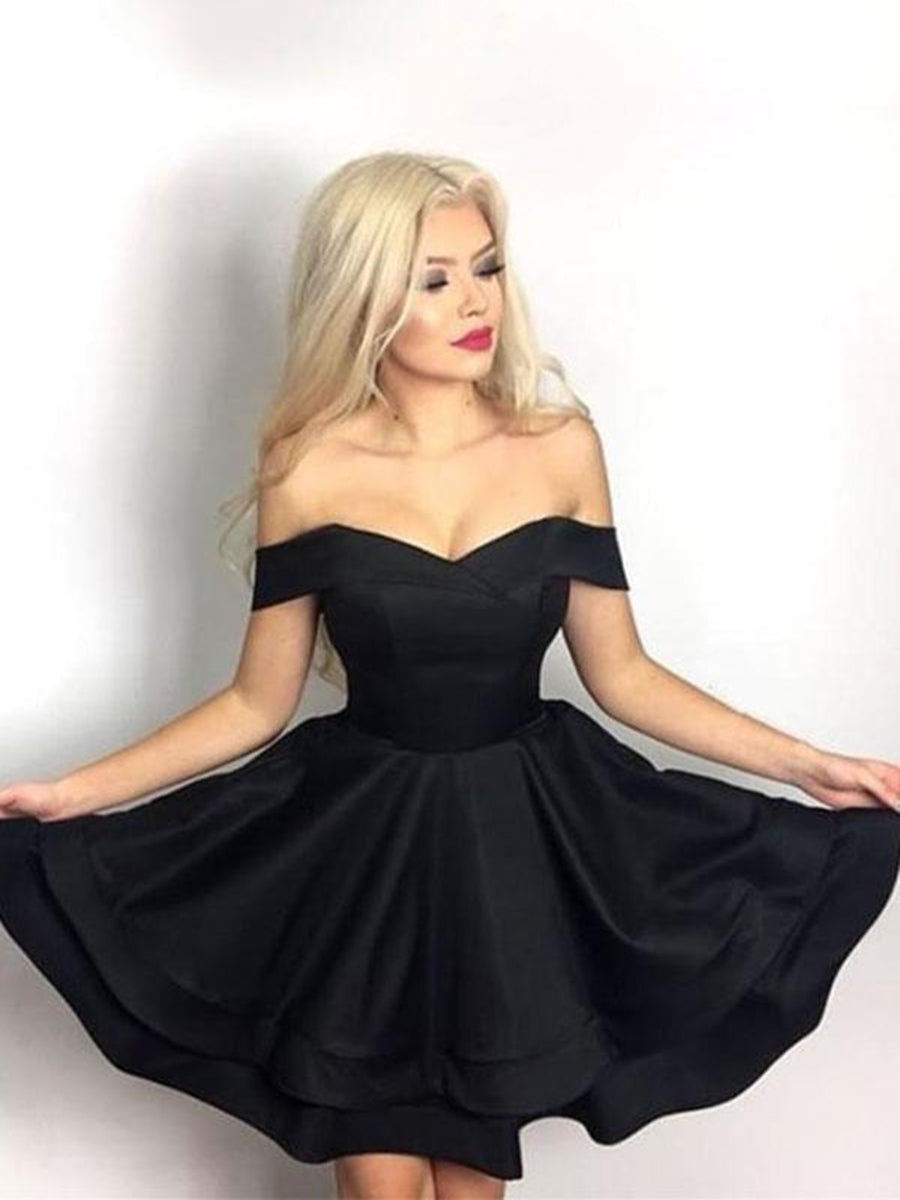 Cute Black Off-Shoulder Layered Satin Short Prom Homecoming Formal Dress Cute Black Off-Shoulder Layered Satin Short Prom Homecoming Formal Dress