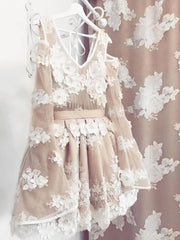 Elegant Champagne Floral Prom Dress with Long Sleeves for Homecoming & Graduation