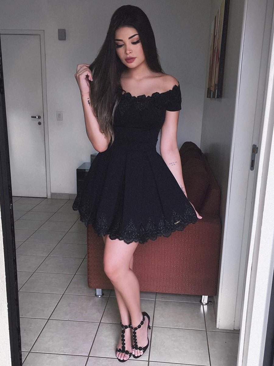 Cute Off Shoulder Lace Black Short Prom Homecoming Formal Evening Dress Cute Off Shoulder Lace Black Short Prom Homecoming Formal Evening Dress