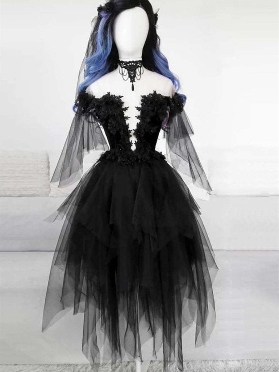Elegant Off-Shoulder Black Lace Prom Dress with Fluffy Skirt for Homecoming Elegant Off-Shoulder Black Lace Prom Dress with Fluffy Skirt for Homecoming