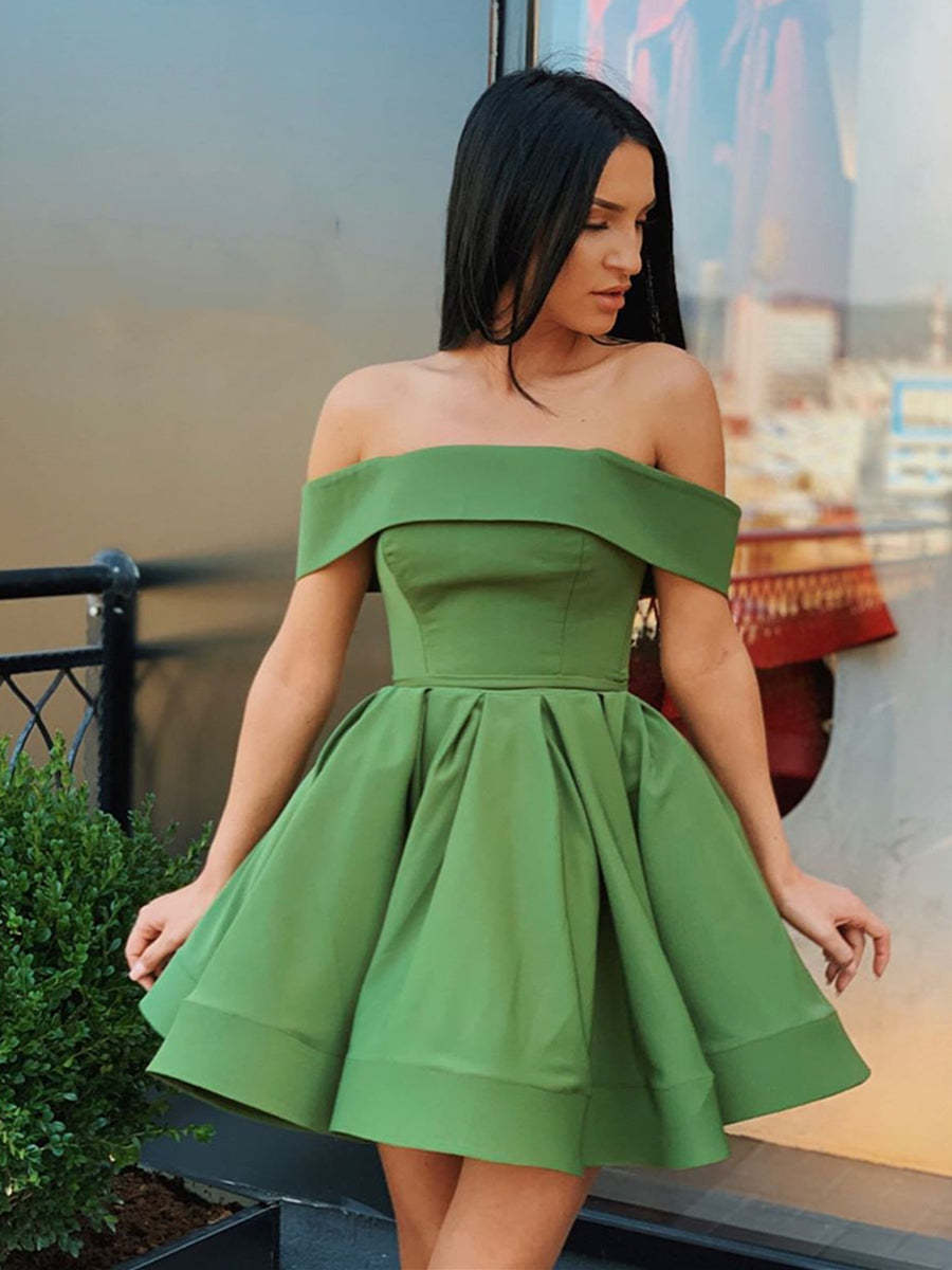 Charming Off-Shoulder Short Green Homecoming Dress: A-Line, Satin Formal Gown