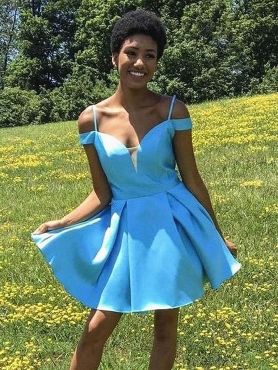 Chic Off-Shoulder Blue Short Prom Dress, Elegant Homecoming & Graduation Evening Gown