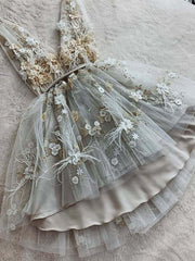 Elegant V-Neck Gray Lace Floral Prom Dress: Short, Formal, Graduation, Homecoming Gown