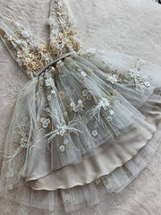 Elegant V-Neck Gray Lace Floral Prom Dress: Short, Formal, Graduation, Homecoming Gown
