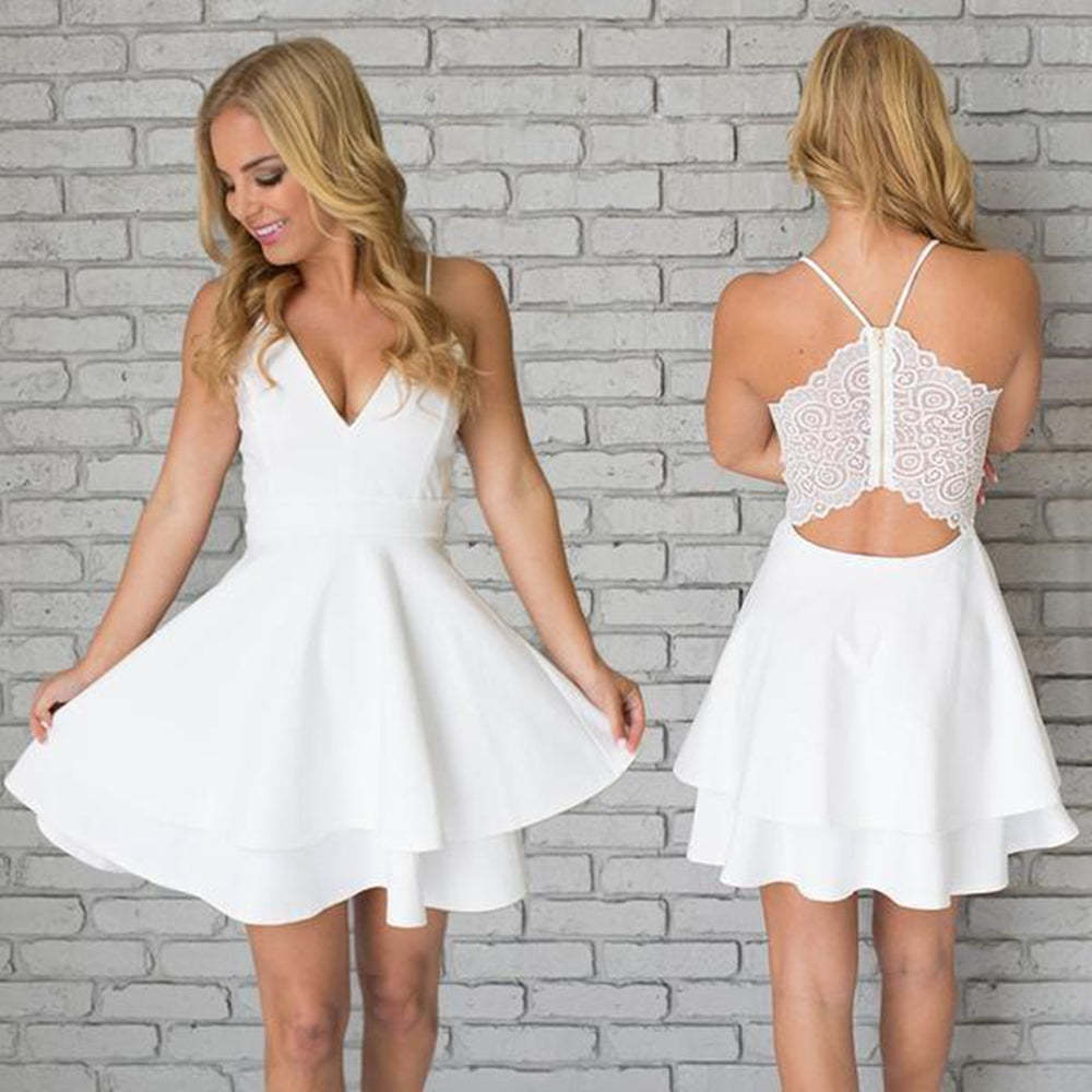 white v neck dress short Elegant V-Neck White Short Prom Dress with Lace Back for Homecoming Events