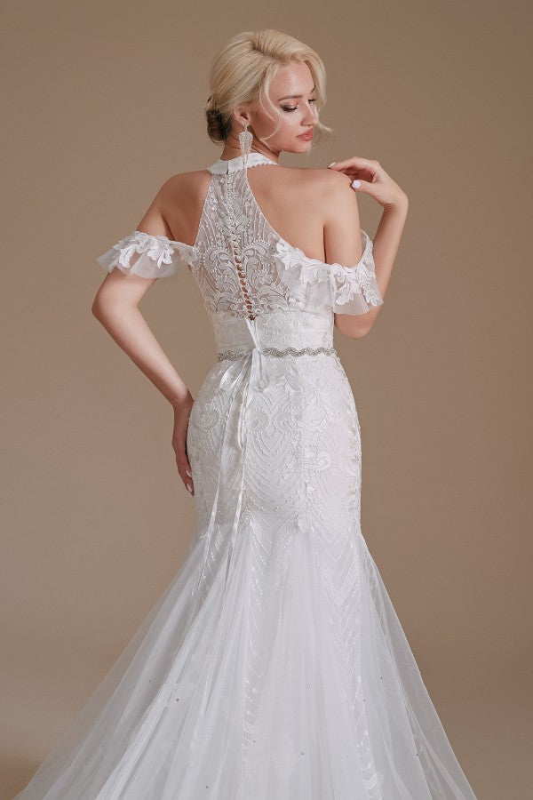 Elegant Mermaid Halter Tulle Wedding Gown with Lace Appliques and Floor-Length Design