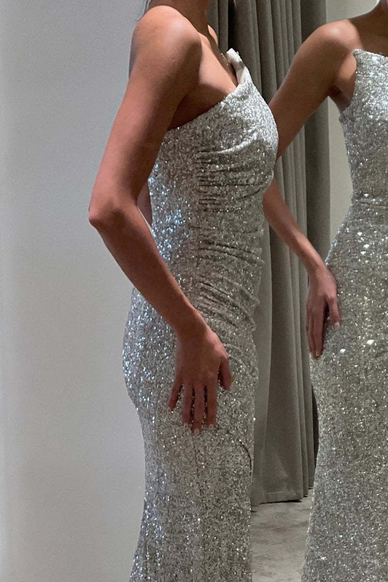 Luxurious Silver Strapless Prom Dress, Slimming Mermaid Silhouette, Evening Gown