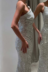 Luxurious Silver Strapless Prom Dress, Slimming Mermaid Silhouette, Evening Gown