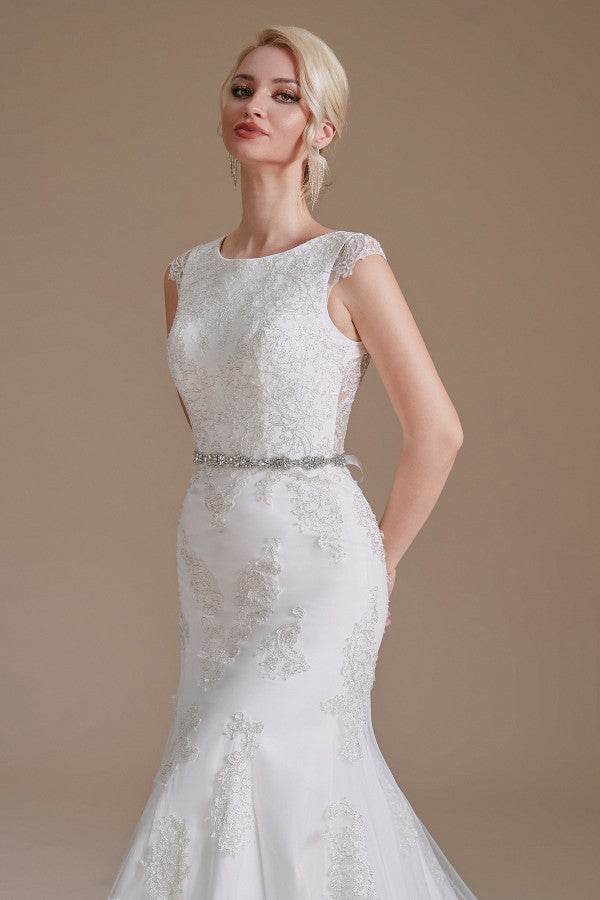 Elegant Mermaid Jewel Neck Long Wedding Dress with Tulle Lace and Beaded Waist
