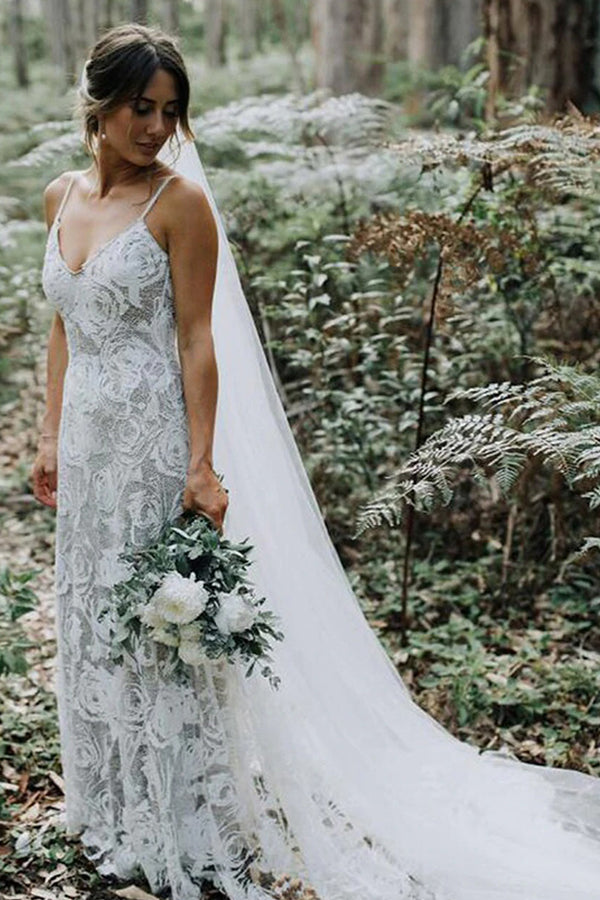 Charming Spaghetti Strap Backless A-Line Wedding Dress with Lace, Elegant Bridal Gown