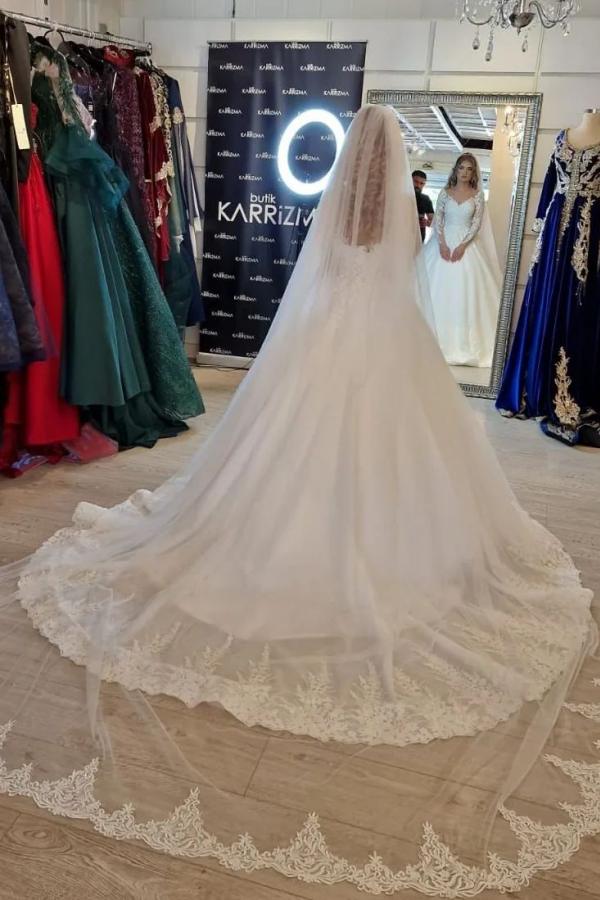Elegant White A-Line V-Neck Lace Wedding Gown with Long Sleeves