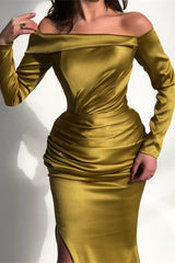 Elegant Sage Green Long Sleeve Prom Dress Pleated Split Gown