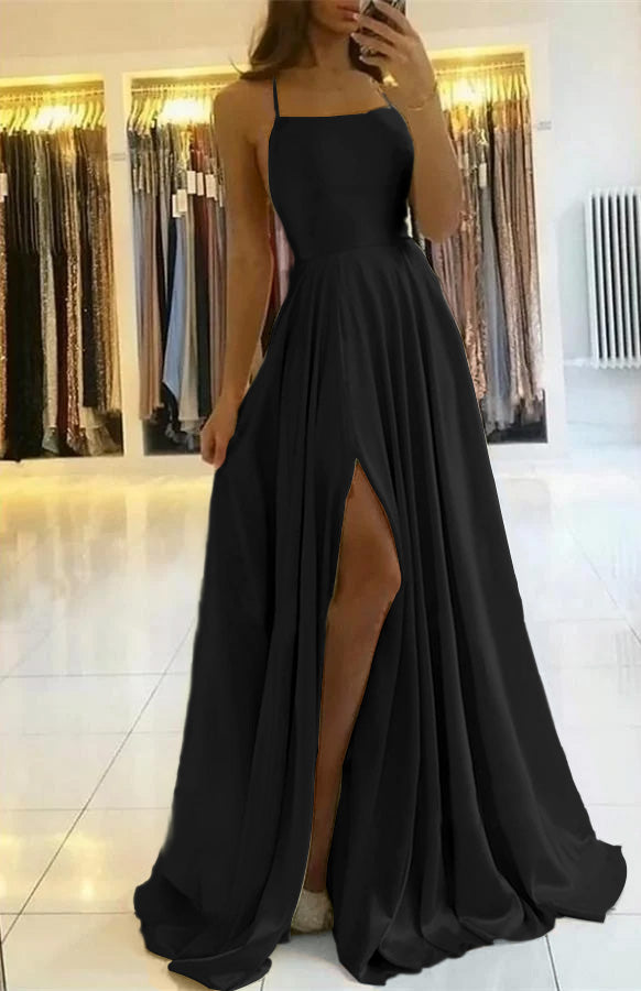 Elegant Spaghetti Straps Floor-Length Prom Dress with Side Slit for Women
