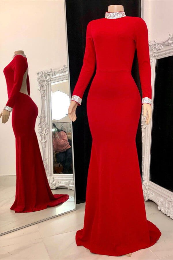 Elegant Red Long Sleeve Open Back Mermaid Prom Dress Gown