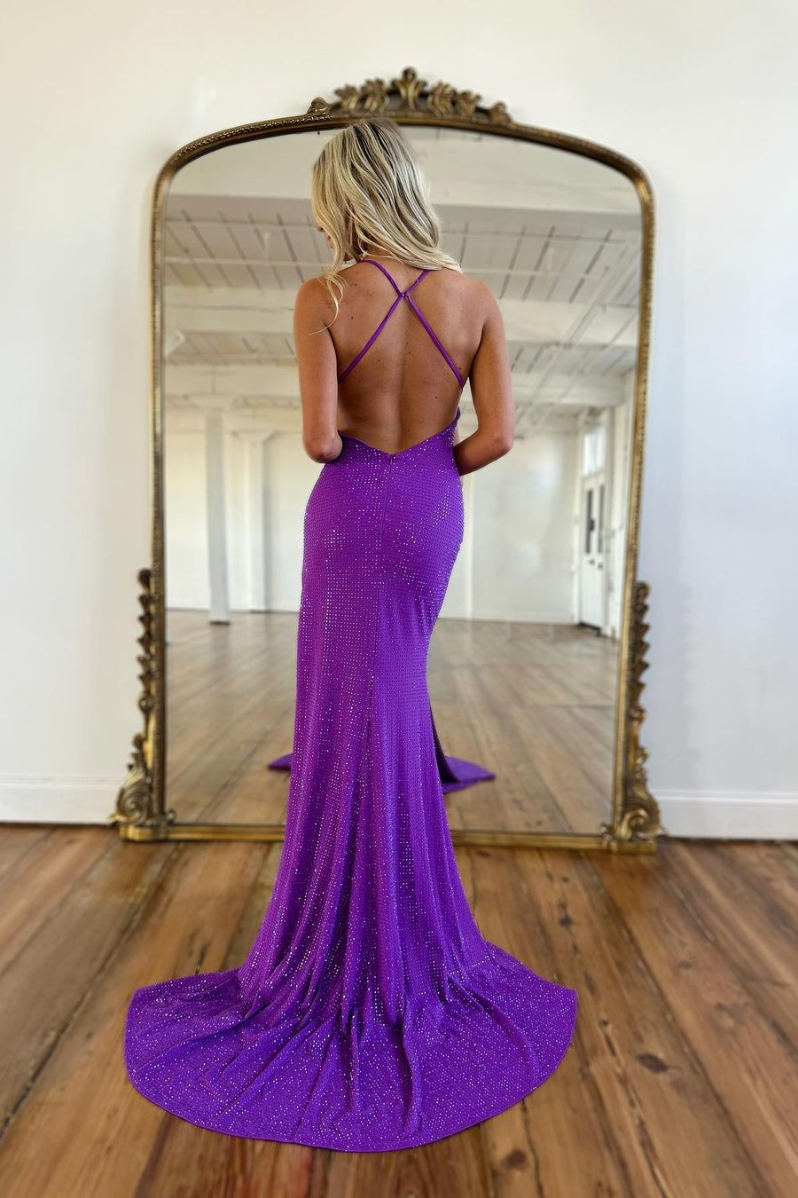 Glamorous Purple Sequin Prom Dress: Sleeveless, Backless, High Split Long Gown