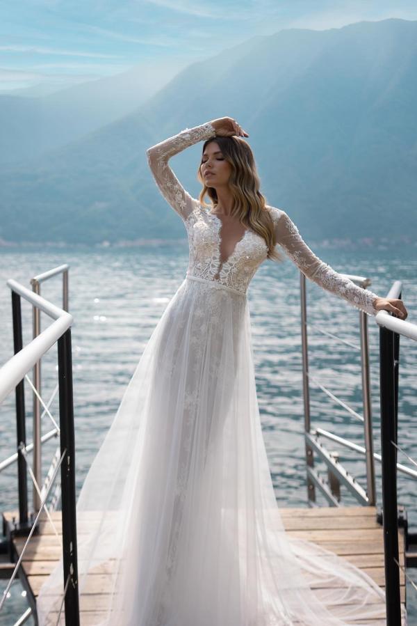 Elegant Long A-Line V-Neck Wedding Dress with Open Back and Tulle