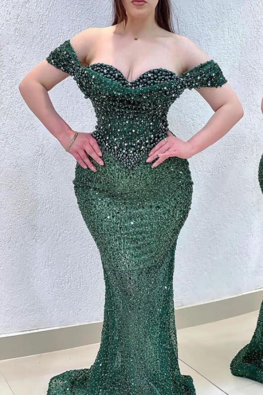Dazzling Beaded Sweetheart Mermaid Evening Dress Sequins Off-Shoulder Floor-Length Prom Dress with Train