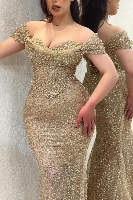 Dazzling Beaded Sweetheart Mermaid Evening Dress Sequins Off-Shoulder Floor-Length Prom Dress with Train