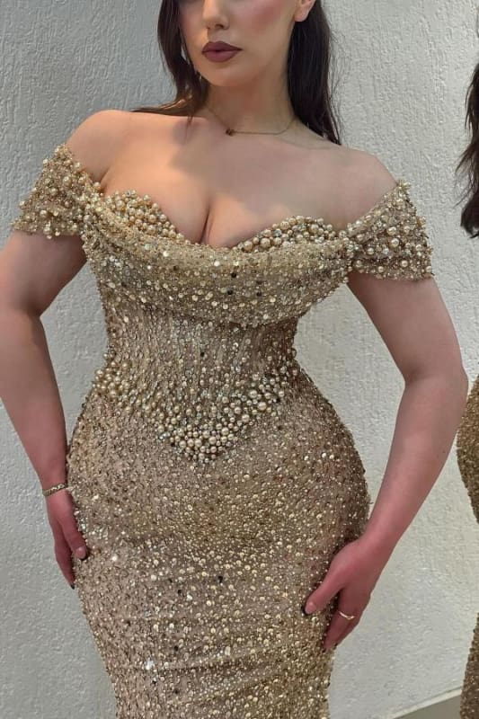 Dazzling Beaded Sweetheart Mermaid Evening Dress Sequins Off-Shoulder Floor-Length Prom Dress with Train