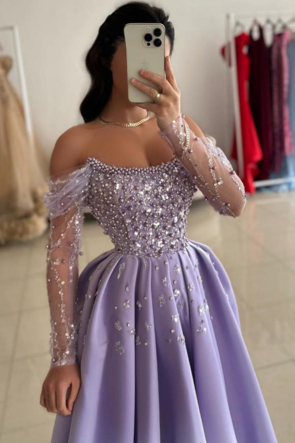 Dazzling Off-Shoulder Beaded Sequin Satin A-Line Prom Dress