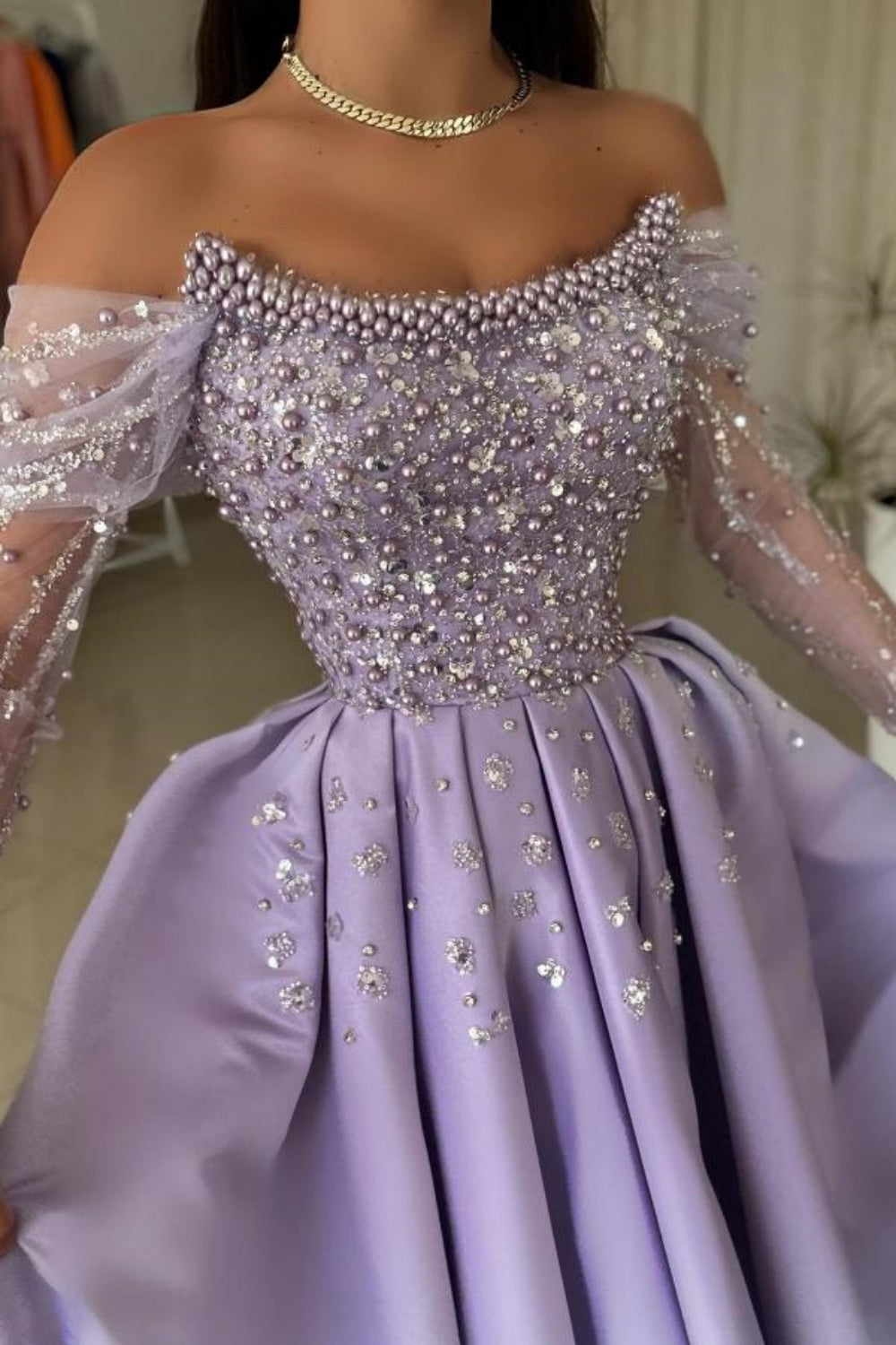 Dazzling Off-Shoulder Beaded Sequin Satin A-Line Prom Dress Dazzling Off-Shoulder Beaded Sequin Satin A-Line Prom Dress