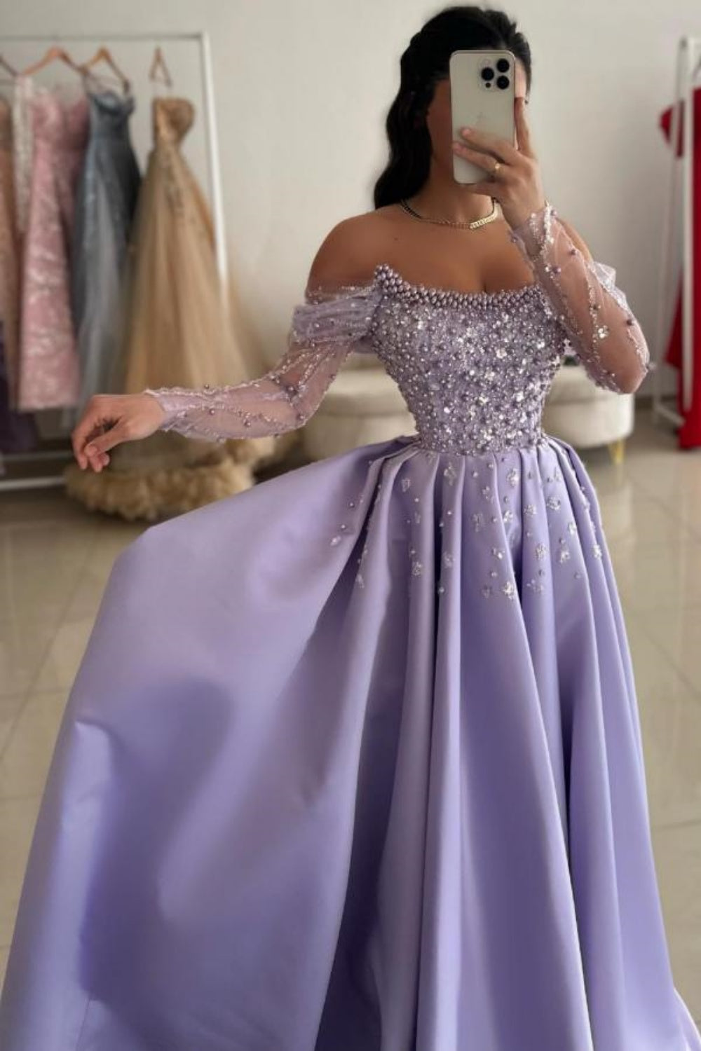Dazzling Off-Shoulder Beaded Sequin Satin A-Line Prom Dress for Women