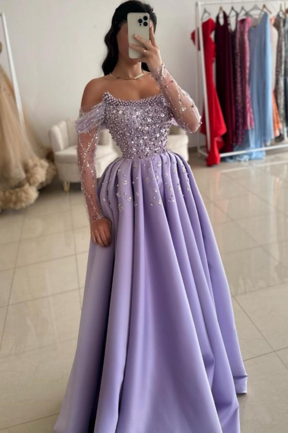 Dazzling Off-Shoulder Beaded Sequin Satin A-Line Prom Dress for Women