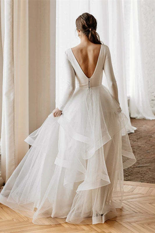 Long Sleeve V-Plunge Tulle Wedding Dress Layered Skirt