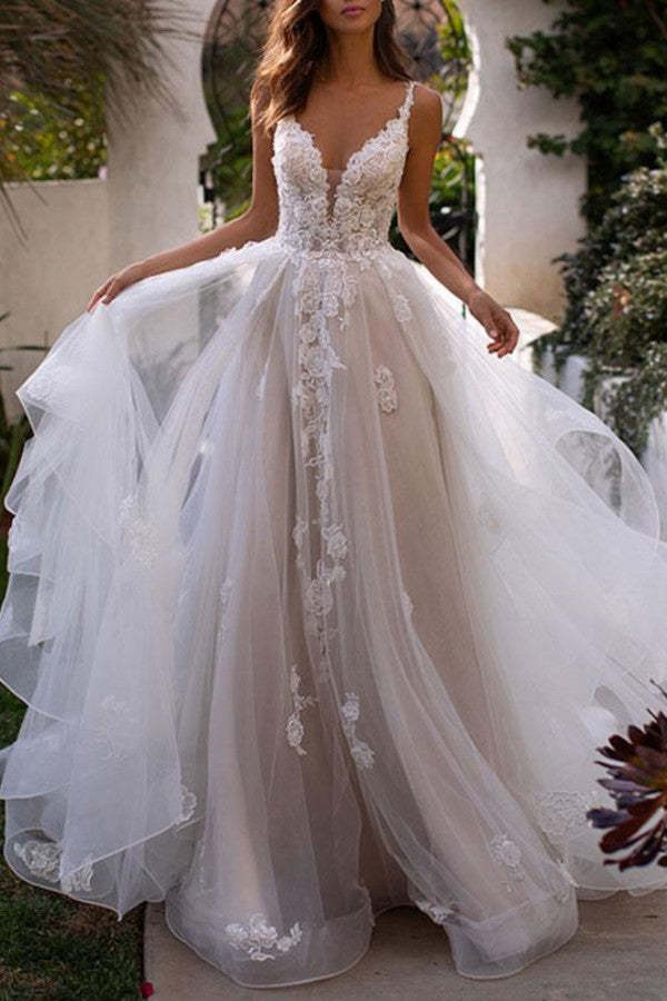 A-Line V-Neck Tulle Lace Wedding Dress with Appliqué Skirt