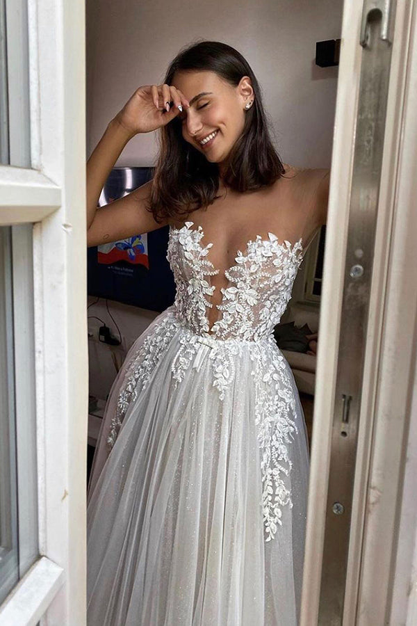 Sheer A-Line Wedding Dress with Tulle Appliqués Floor Length Bridal Gown
