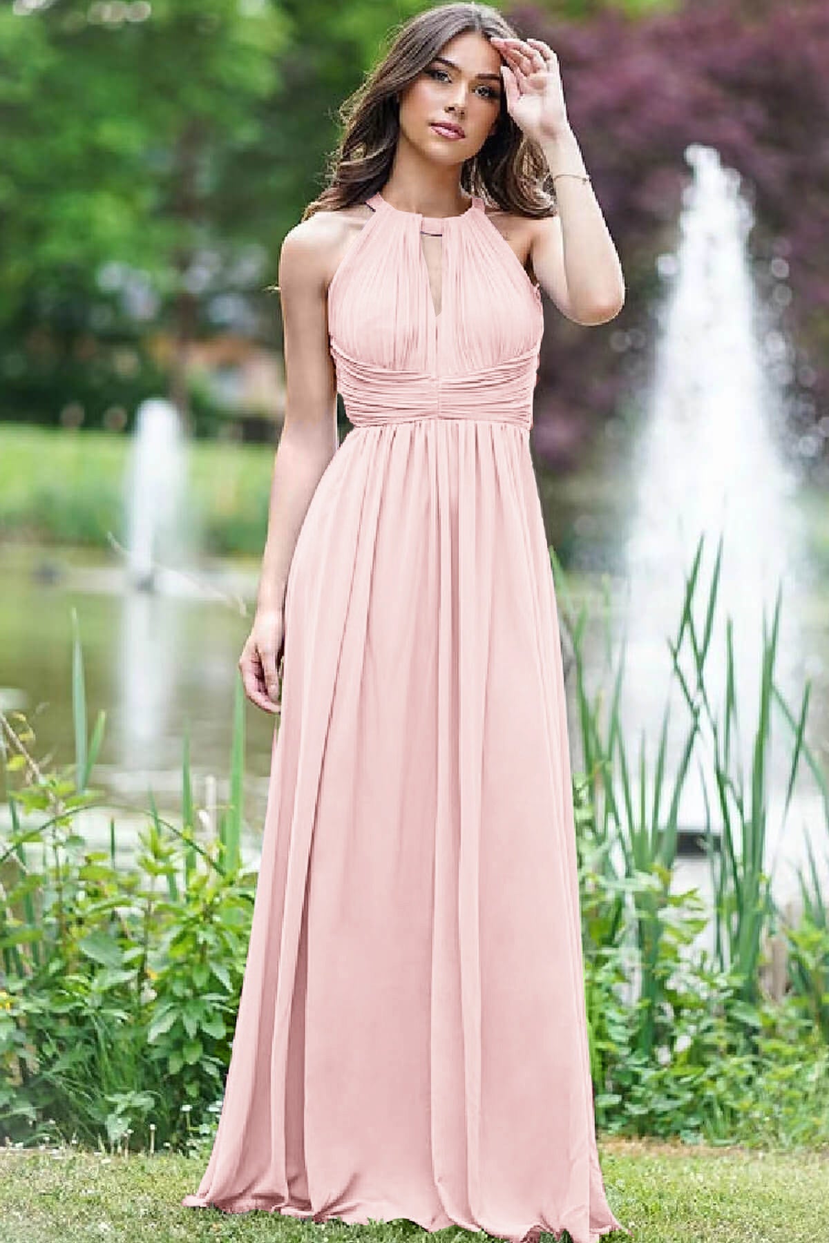 Elegant Lilac Halter Sleeveless A-Line Open Back Prom Dress