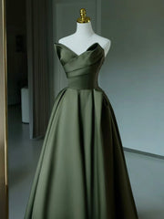 Elegant A-Line V Neck Satin Green Long Prom Dress Evening Gown