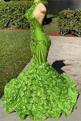 Green Halter Sleeveless Mermaid Prom Dress with Flower Appliques