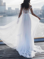 Short Sleeve Applique Wedding Dress with High Split Tulle Skirt