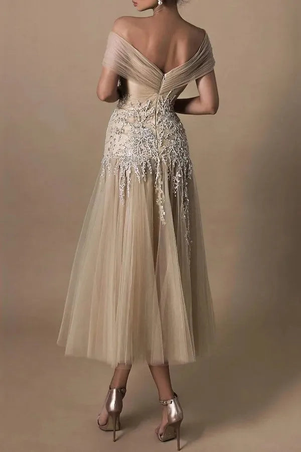 Elegant Sweetheart Off-Shoulder Beaded A-Line Wedding Gown with Tulle Ruffles