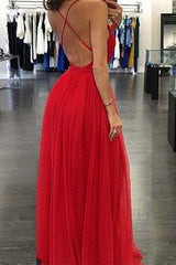 Red Deep V-Neck Tulle Prom Dress with High Thigh Slit
