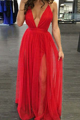 Red Deep V-Neck Tulle Prom Dress with High Thigh Slit