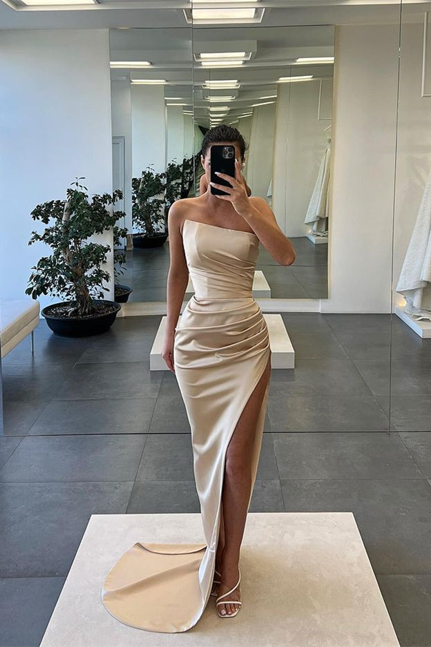 Elegant Strapless Mermaid Slit Evening Gown for Women's Formal Prom Party