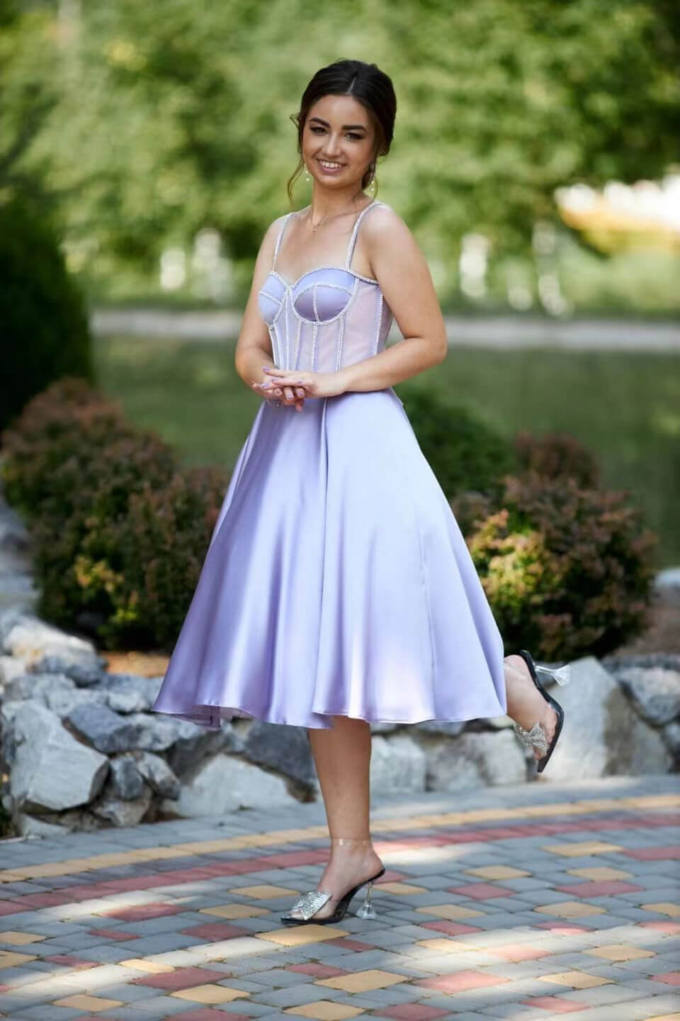 Lilac Spaghetti Strap Sleeveless Tea Length Evening Gown with Beads